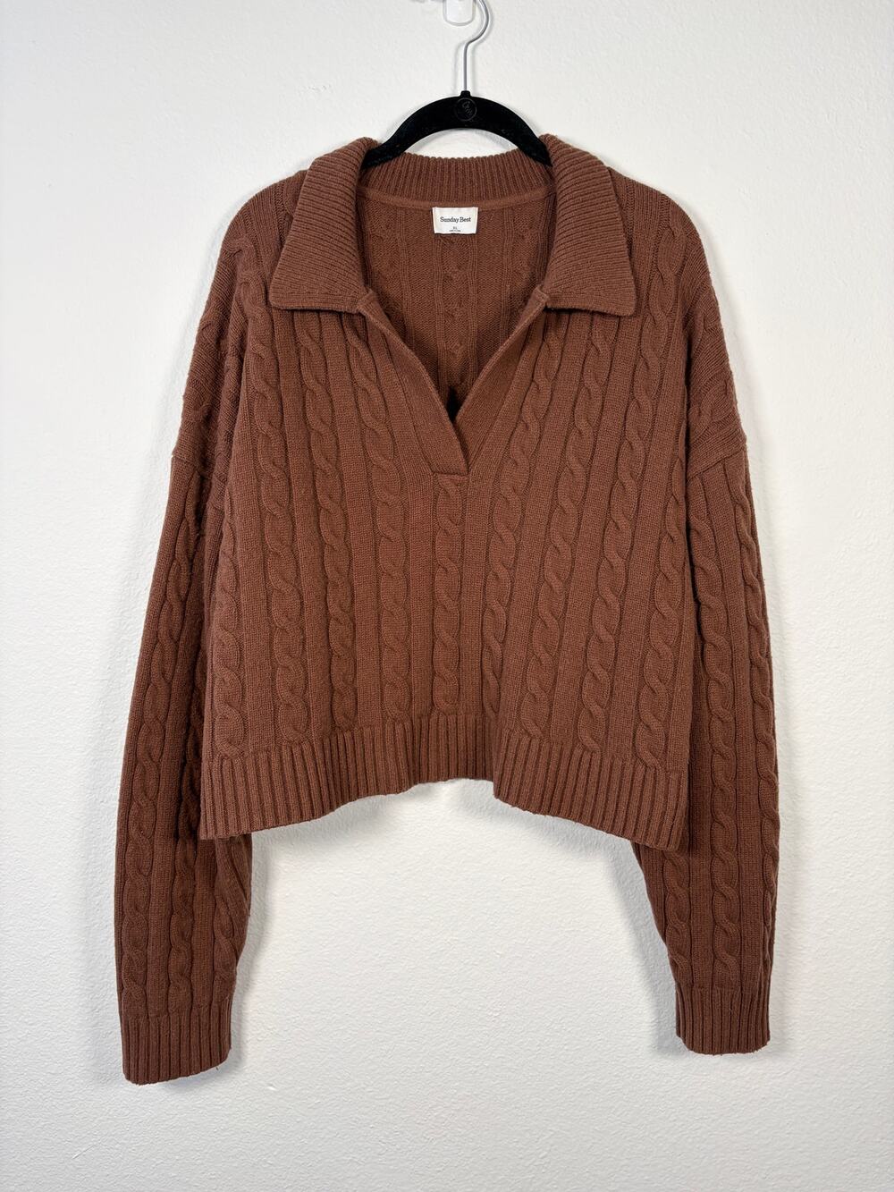 Aritzia Sunday Best Wool Blend Brown Collared Cable Knit Lottie Sweater